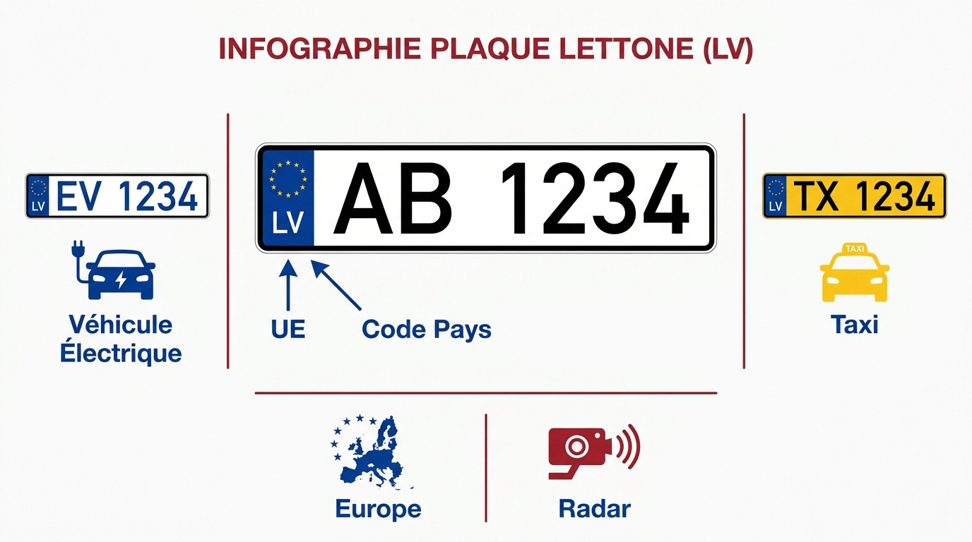 Infographie détaillant la structure et les couleurs des plaques d'immatriculation en Lettonie