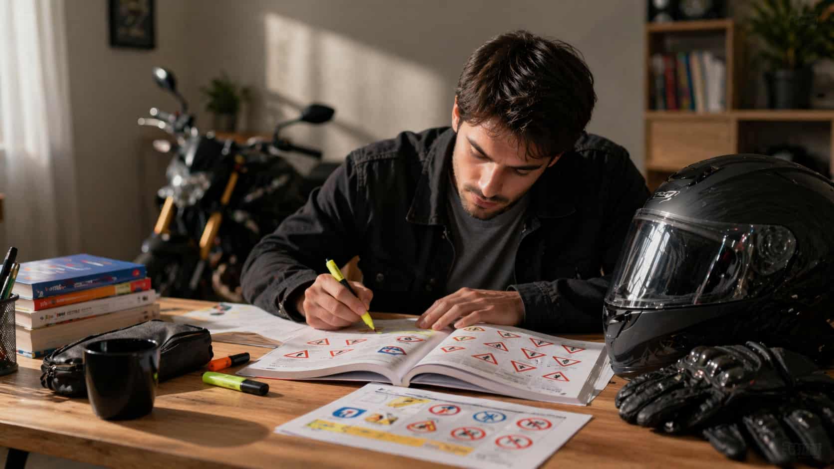 Un homme révise le code pour le permis moto.