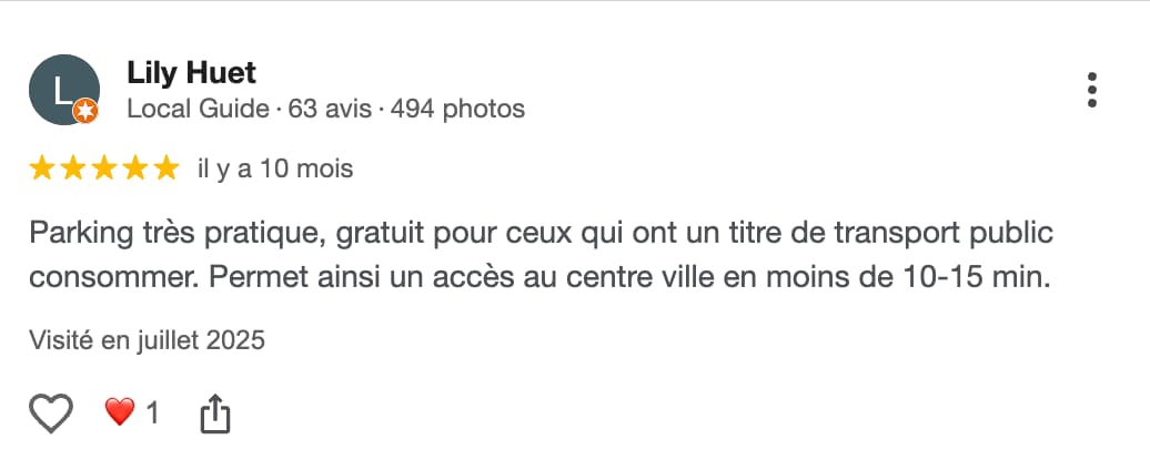 Un avis Google sur le parking relais du Mont-Riboudet.