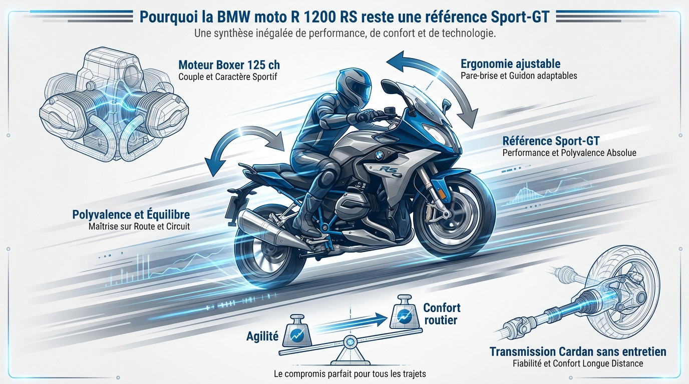 Moto BMW R 1200 RS grise et bleue en version sport-tourisme sur route