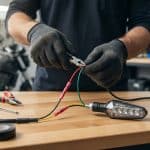 Personne gantée branchant les fils d'un clignotant de moto avec une pince, sur un établi d'atelier. Moto en arrière-plan.