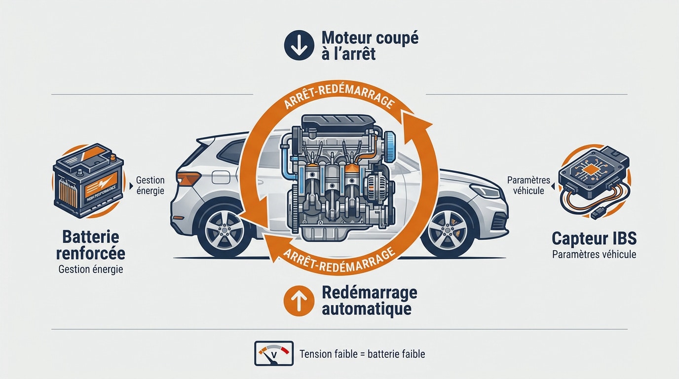 Schéma explicatif du fonctionnement du système Start and Stop et de la gestion de la batterie