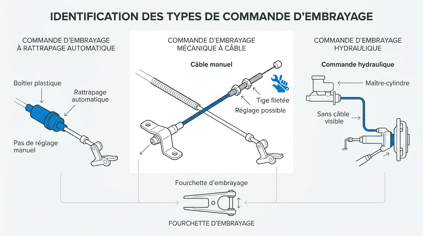 Comparaison visuelle entre un câble d'embrayage manuel et un système à rattrapage automatique sur Berlingo