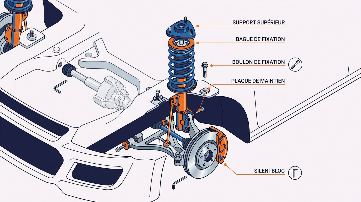 Schéma technique d'une suspension automobile montrant les points de fixation au châssis