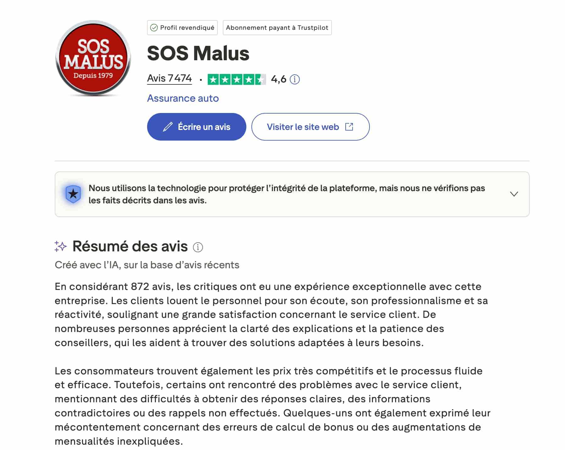 Avis SOS Malus sur Trustpilot.