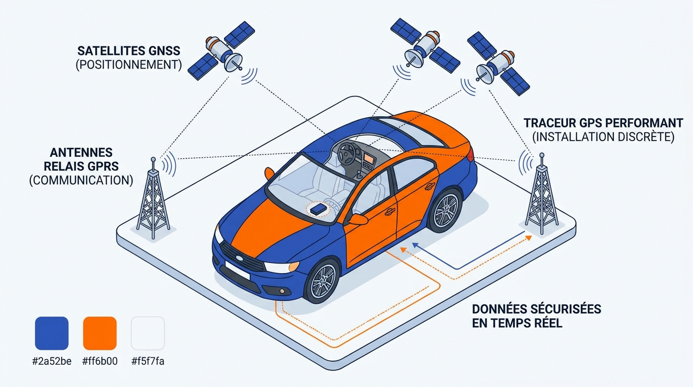Schéma de fonctionnement d'un traceur GPS pour voiture montrant la communication satellite et GPRS