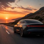 Une berline électrique moderne roulant sur une route côtière au coucher du soleil.