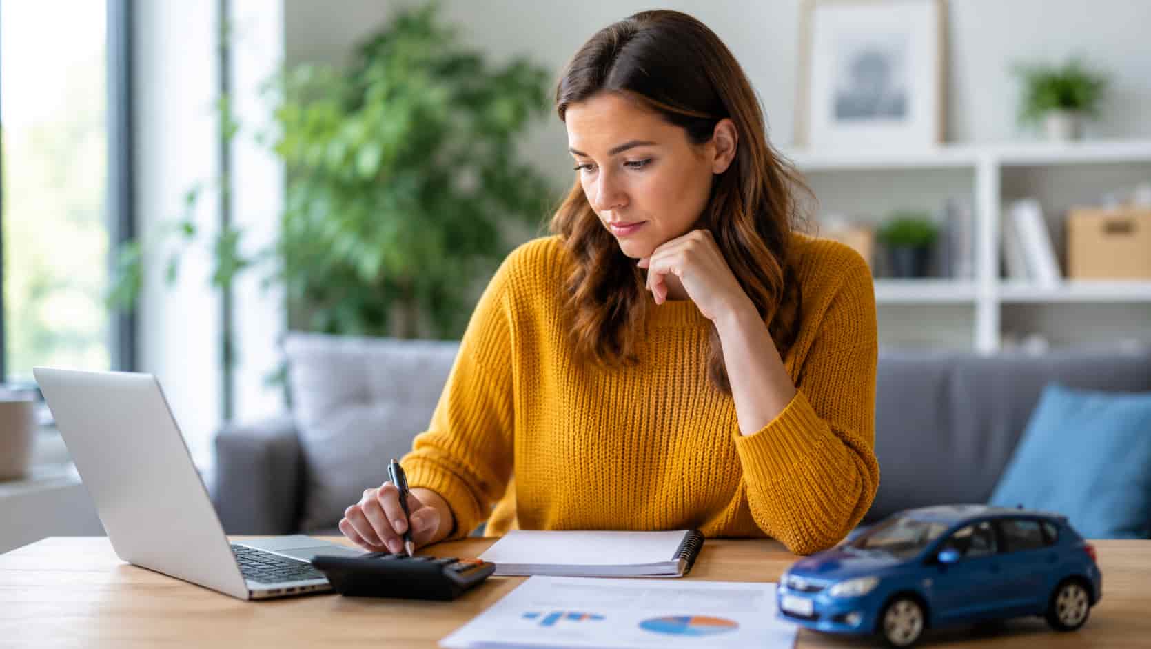 Une femme compare des assurances auto sur son bureau.