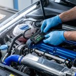 Un mécanicien installe un boîtier de conversion éthanol dans le moteur d'une voiture avec des billets d'euros en arrière-plan.