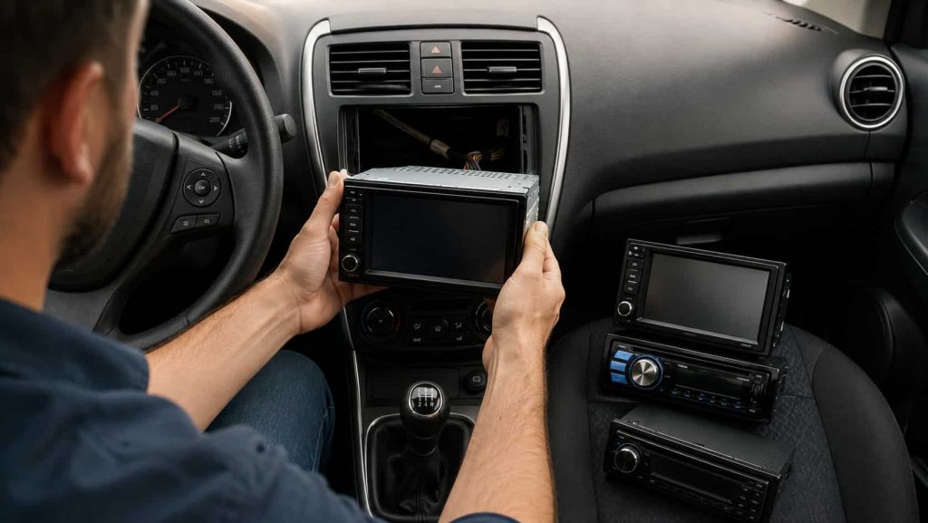 Un homme installe un autoradio.