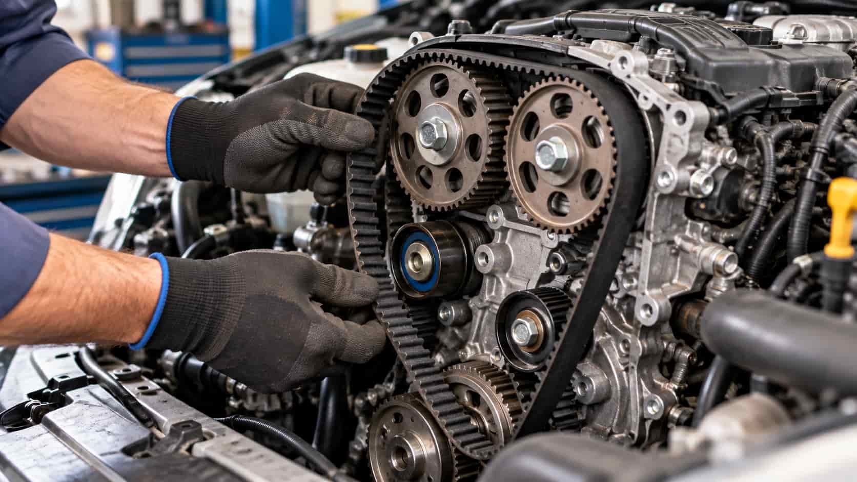 Changement d'une courroie de distribution sur une voiture.