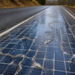 Une section de route solaire dégradée avec des panneaux photovoltaïques fissurés bordant une voie goudronnée en forêt.