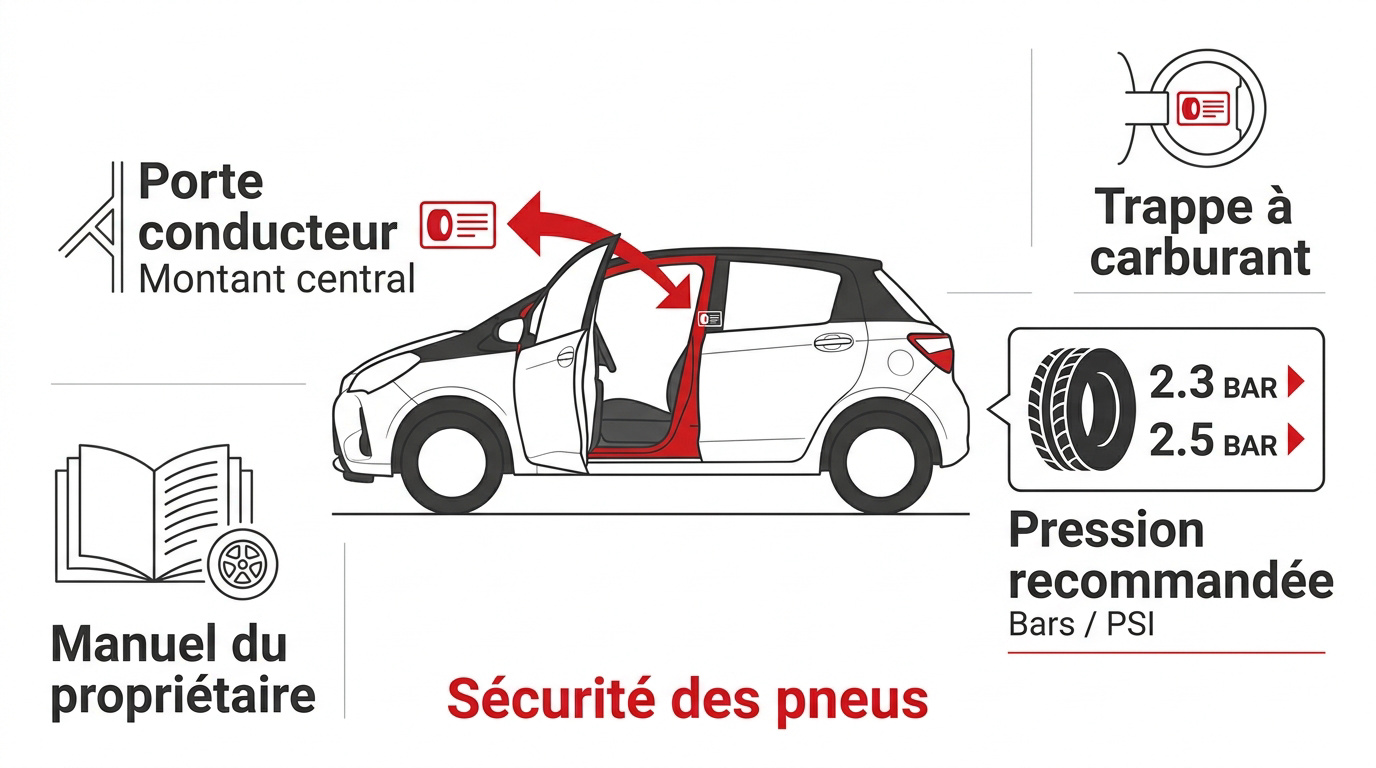 Localisation de l'étiquette de pression des pneus sur le montant de porte d'une Toyota Yaris
