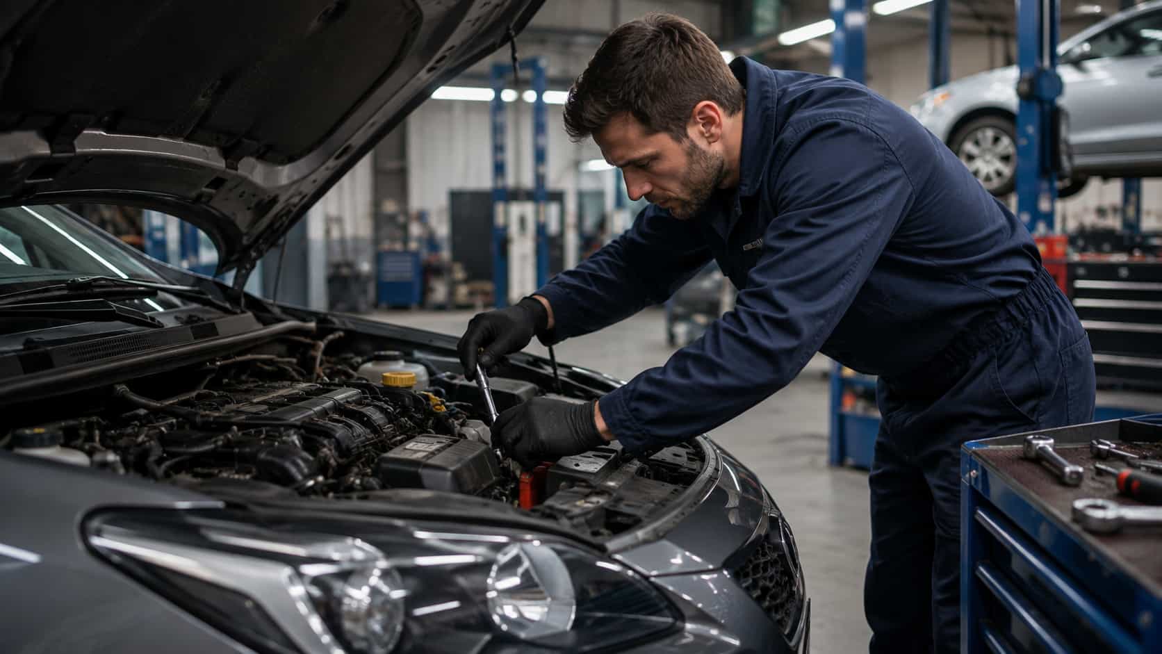 Un homme répare une voiture.