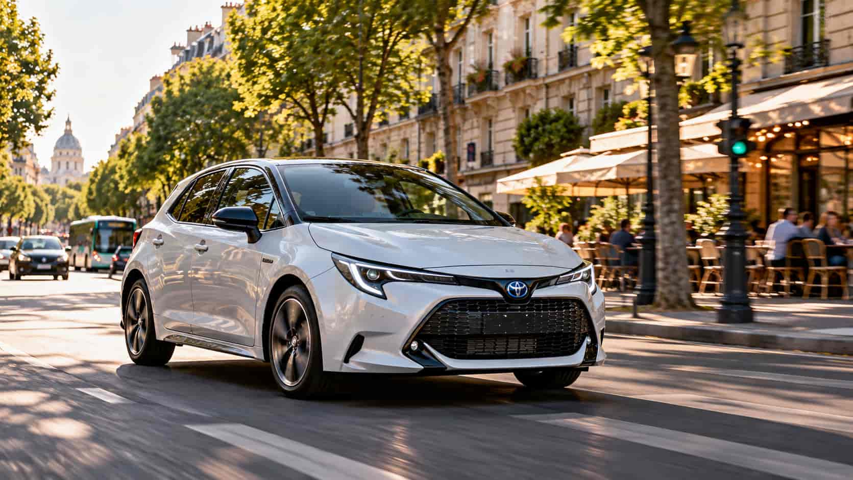 Une voiture full hybride en ville.