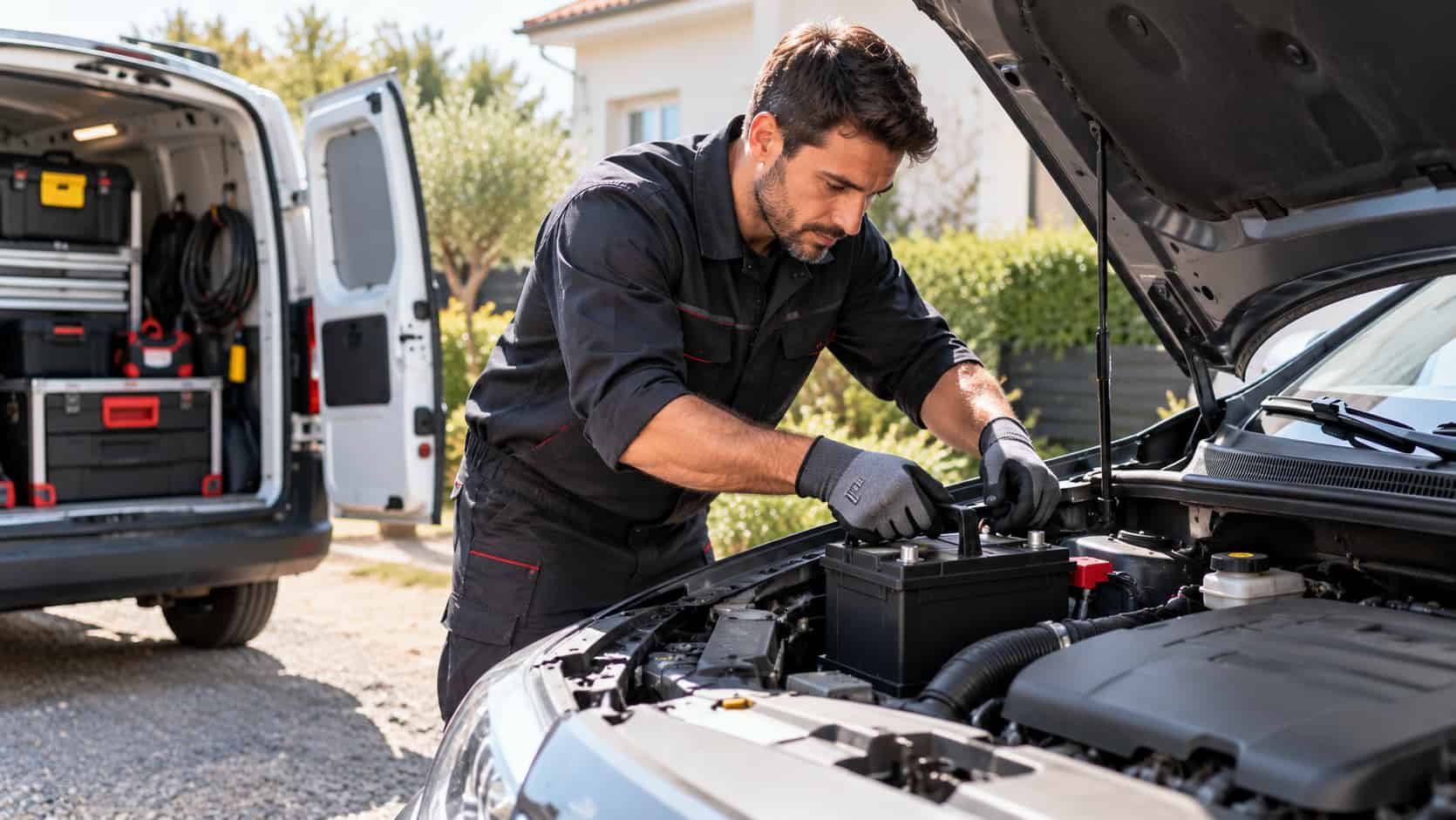 Un mécanicien change une batterie de voiture à domicile.