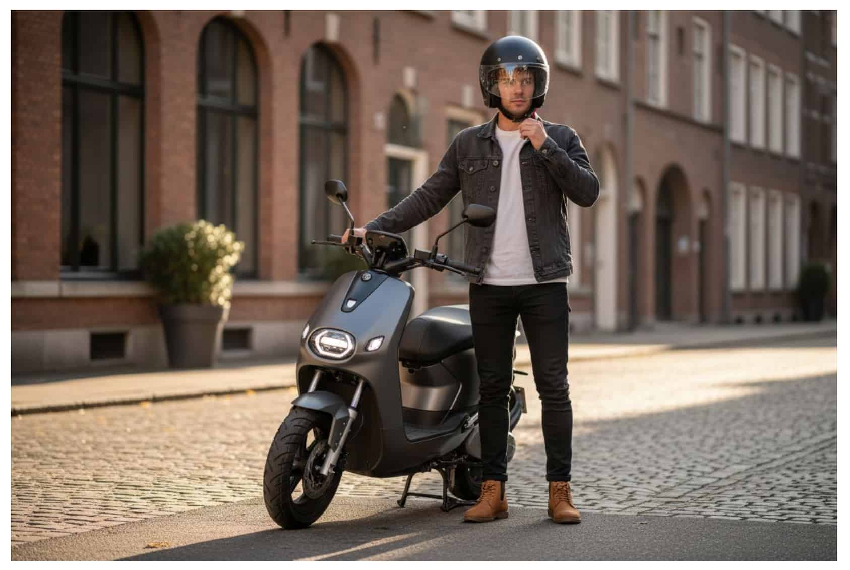 Un homme casqué sur un scooter.