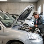 Un mécanicien inspecte le moteur d'un Peugeot Partner Tepee gris avec une lampe torche dans un atelier automobile.