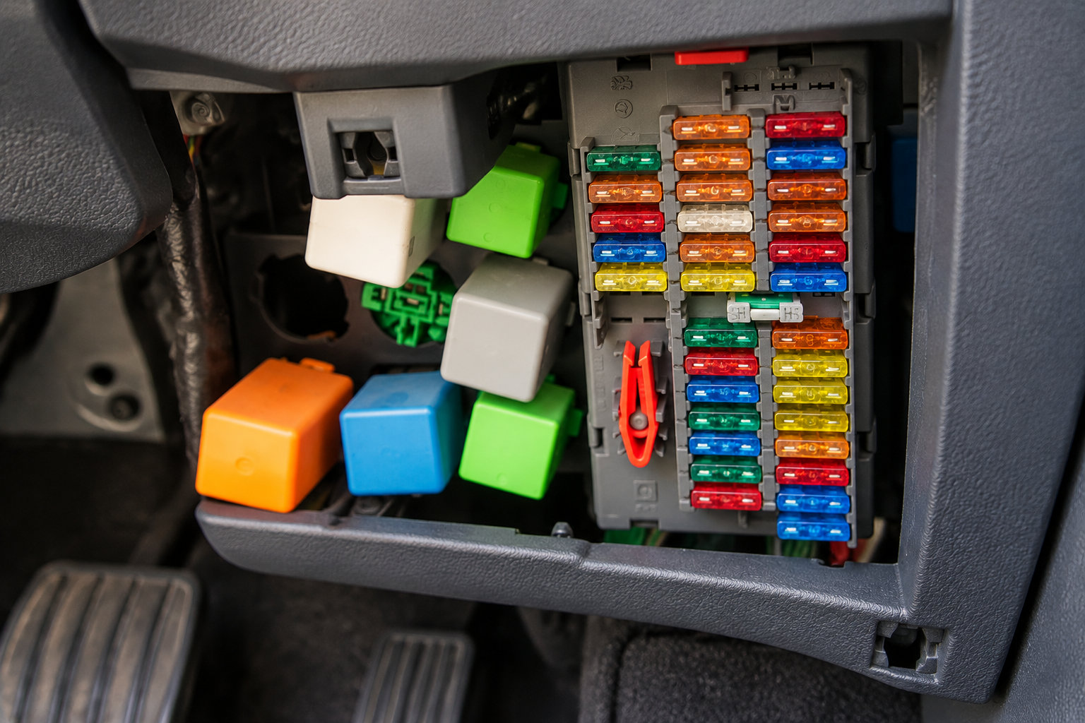 Un boîtier de fusibles multicolores est visible derrière un panneau ouvert, sous le tableau de bord d’une voiture.