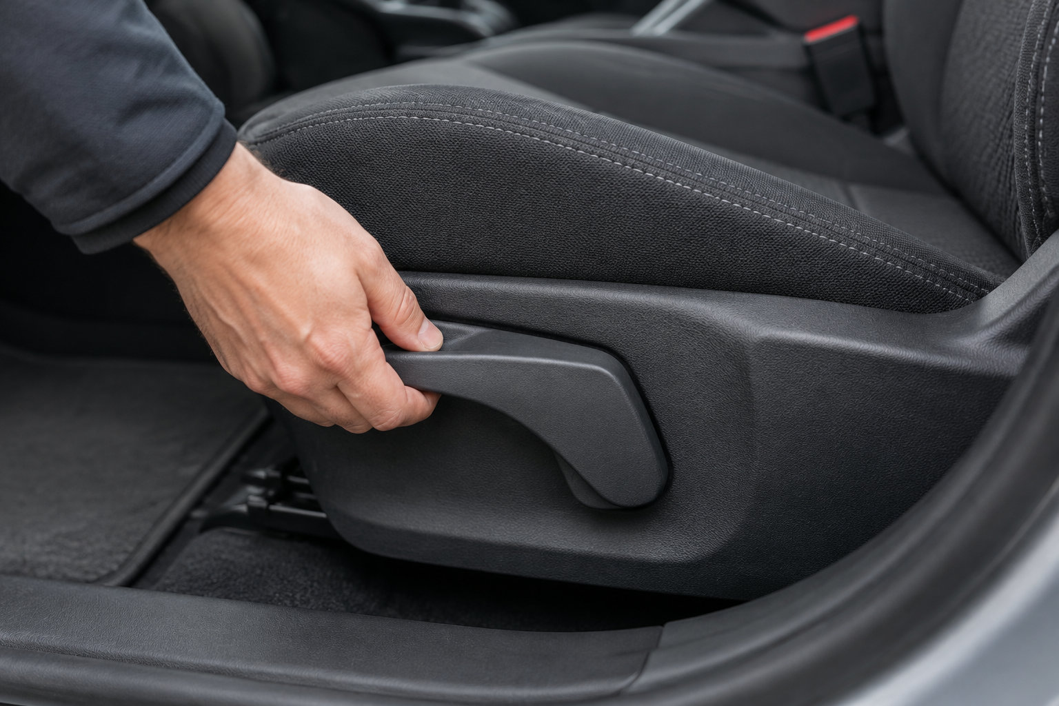 Une main tire le levier de réglage sous le siège d’une voiture.