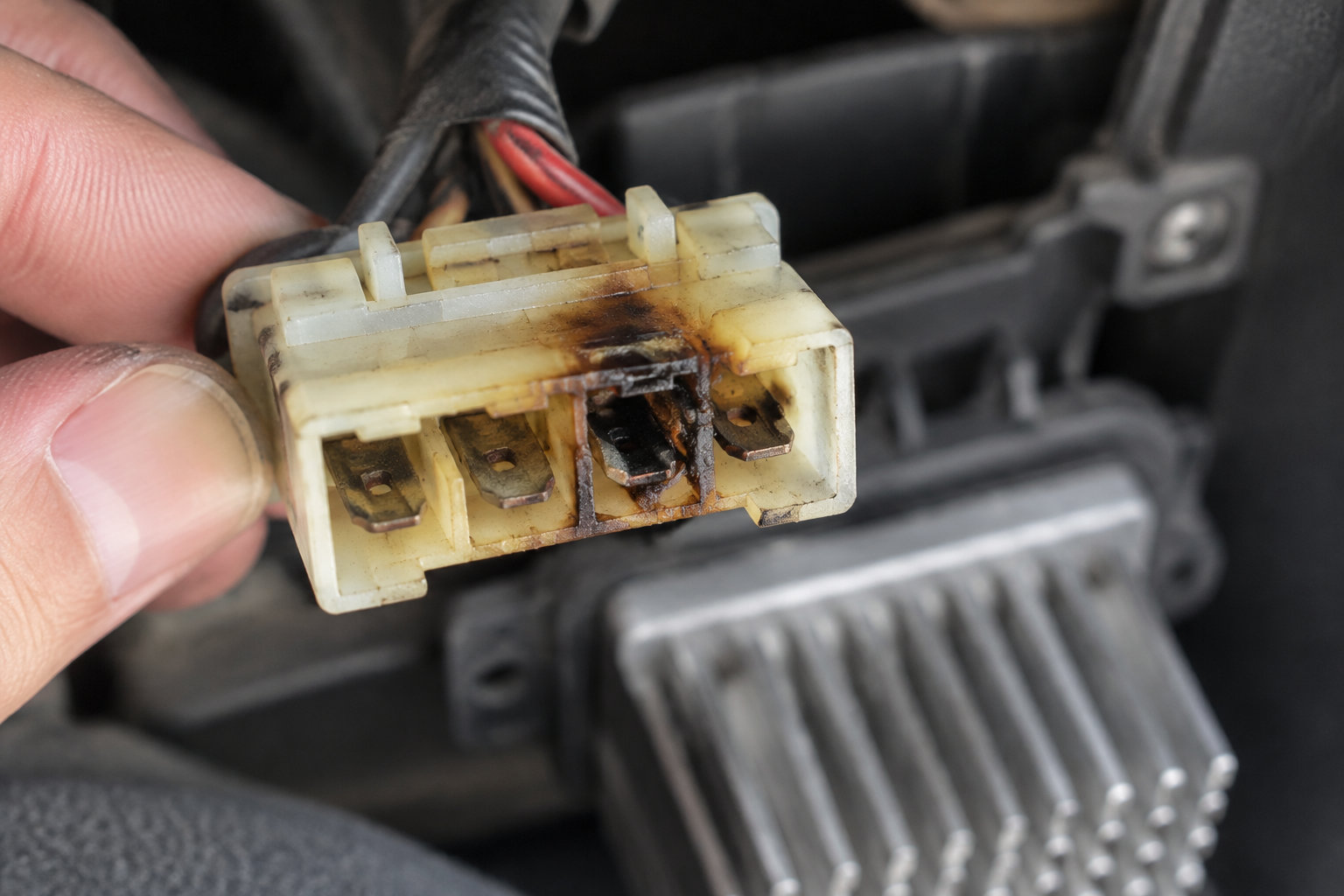 Une main tient un connecteur électrique en plastique jauni et brûlé, relié à des fils rouges et noirs, devant un boîtier métallique à ailettes.