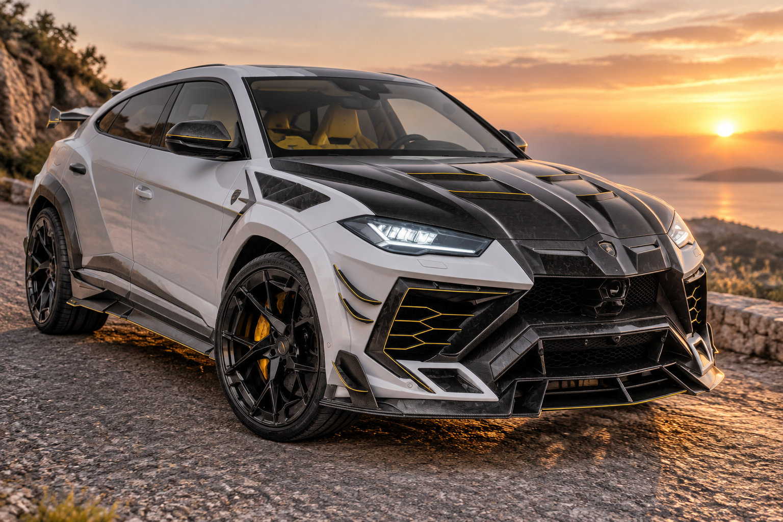 Un SUV blanc fortement modifié, aux accents noirs et jaunes, est garé sur une route côtière au coucher du soleil.