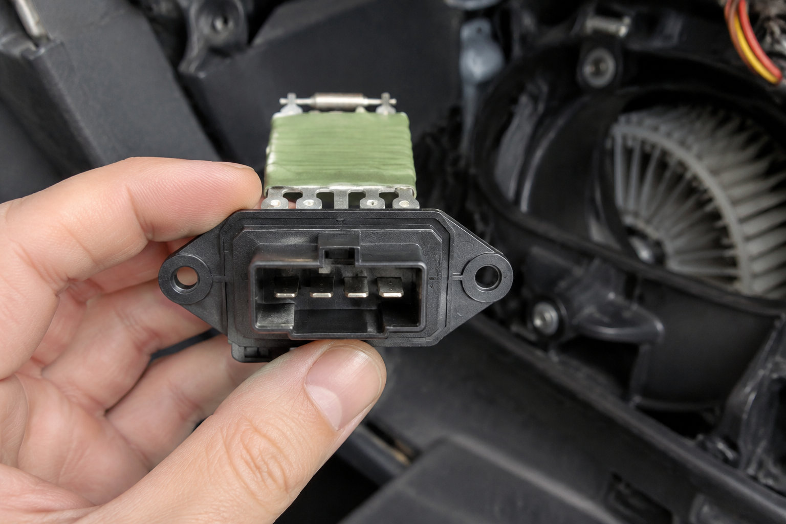 Une main tient un composant électrique automobile à quatre broches devant un ventilateur de voiture.