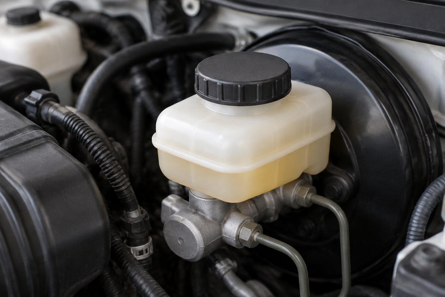 Gros plan sur un réservoir translucide à bouchon noir, fixé au maître-cylindre de frein dans un compartiment moteur.