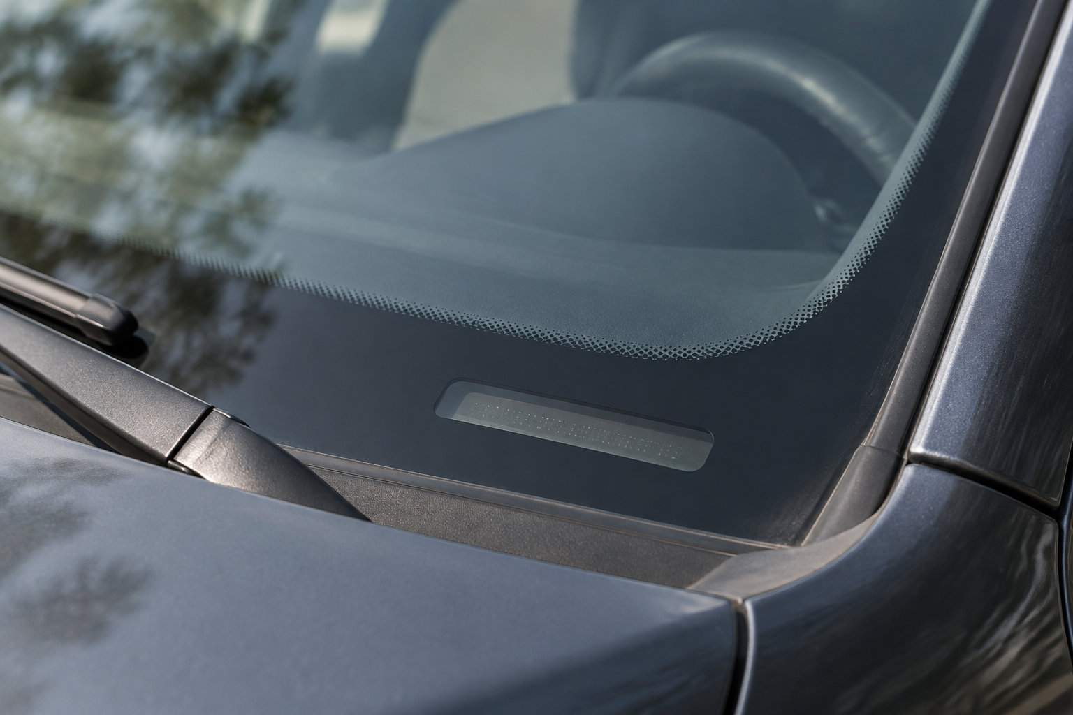 Gros plan sur le pare-brise d’une voiture, avec un essuie-glace et une petite étiquette derrière la vitre.
