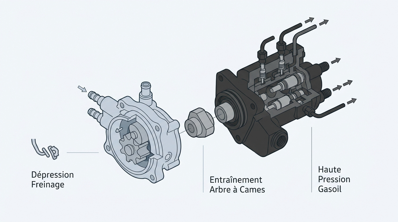 Schéma technique de la pompe tandem 1.9 TDI montrant les circuits de vide et de carburant