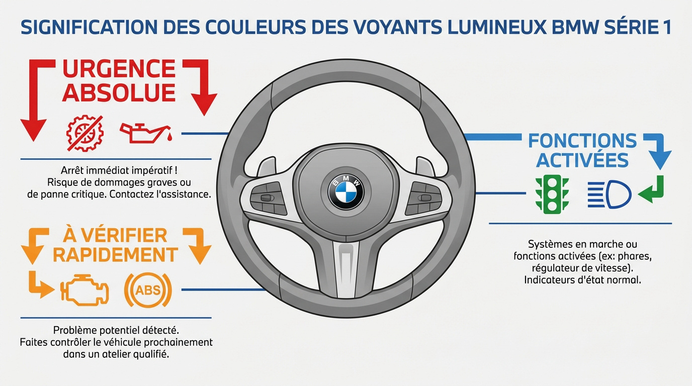Tableau de bord BMW Série 1 affichant les différents voyants de couleur rouge, orange et verte